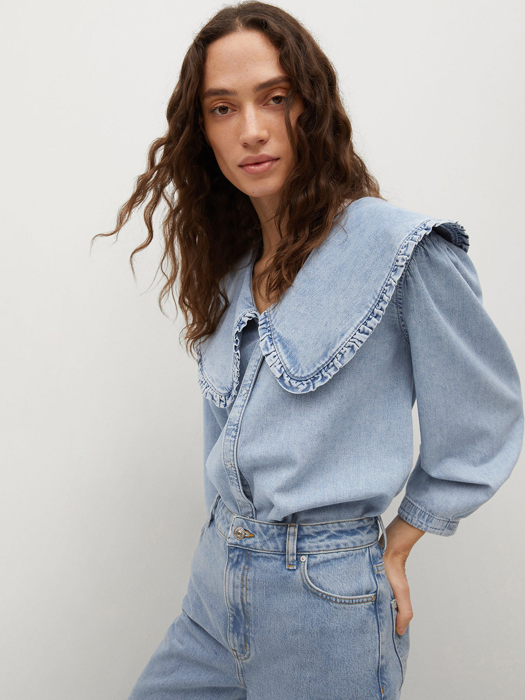 

MANGO Women Blue Solid Above the Keyboard Collar Denim Sustainable Casual Shirt