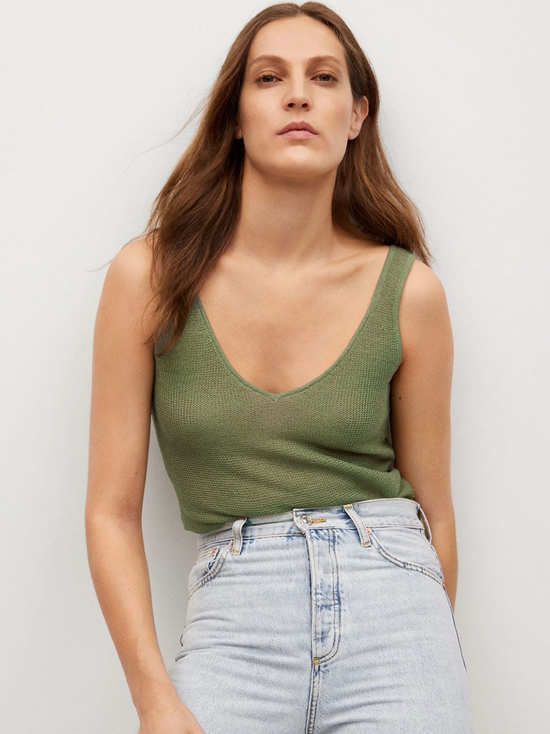 

MANGO Olive Green Self Design Knitted Crop Top