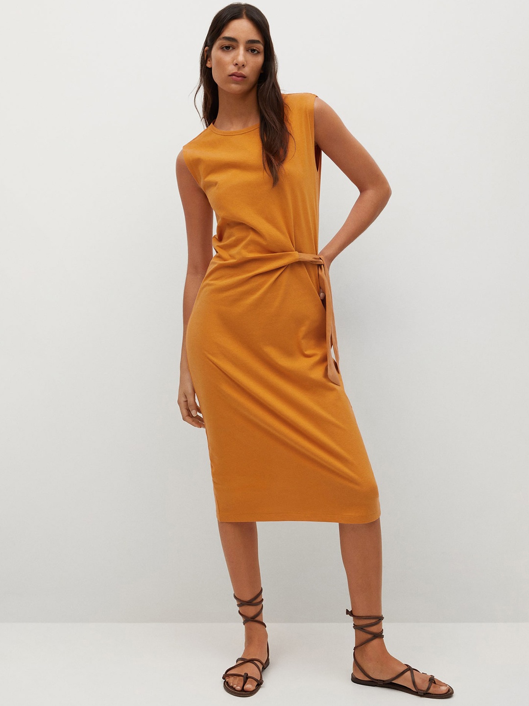 

MANGO Mustard Yellow Organic Cotton Solid Sheath Midi Dress