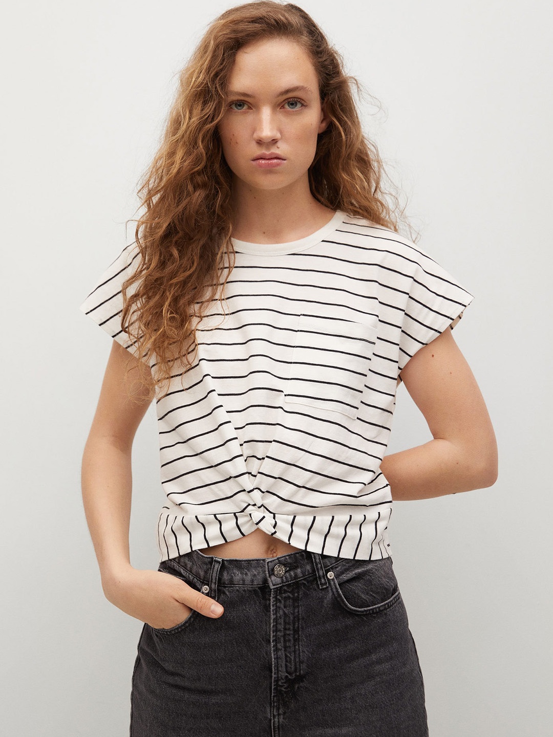 

MANGO White & Black Sustainable Cotton Striped Extended Sleeves Knot Detail Top