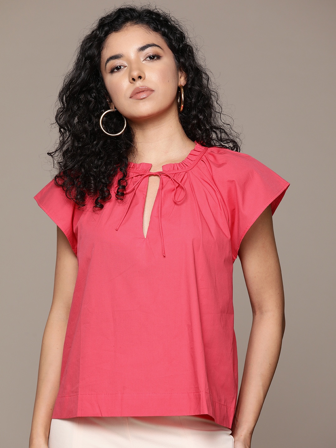 

MANGO Solid Ruffled Tie-Up Neck Extended Sleeves Pure Cotton Top, Pink