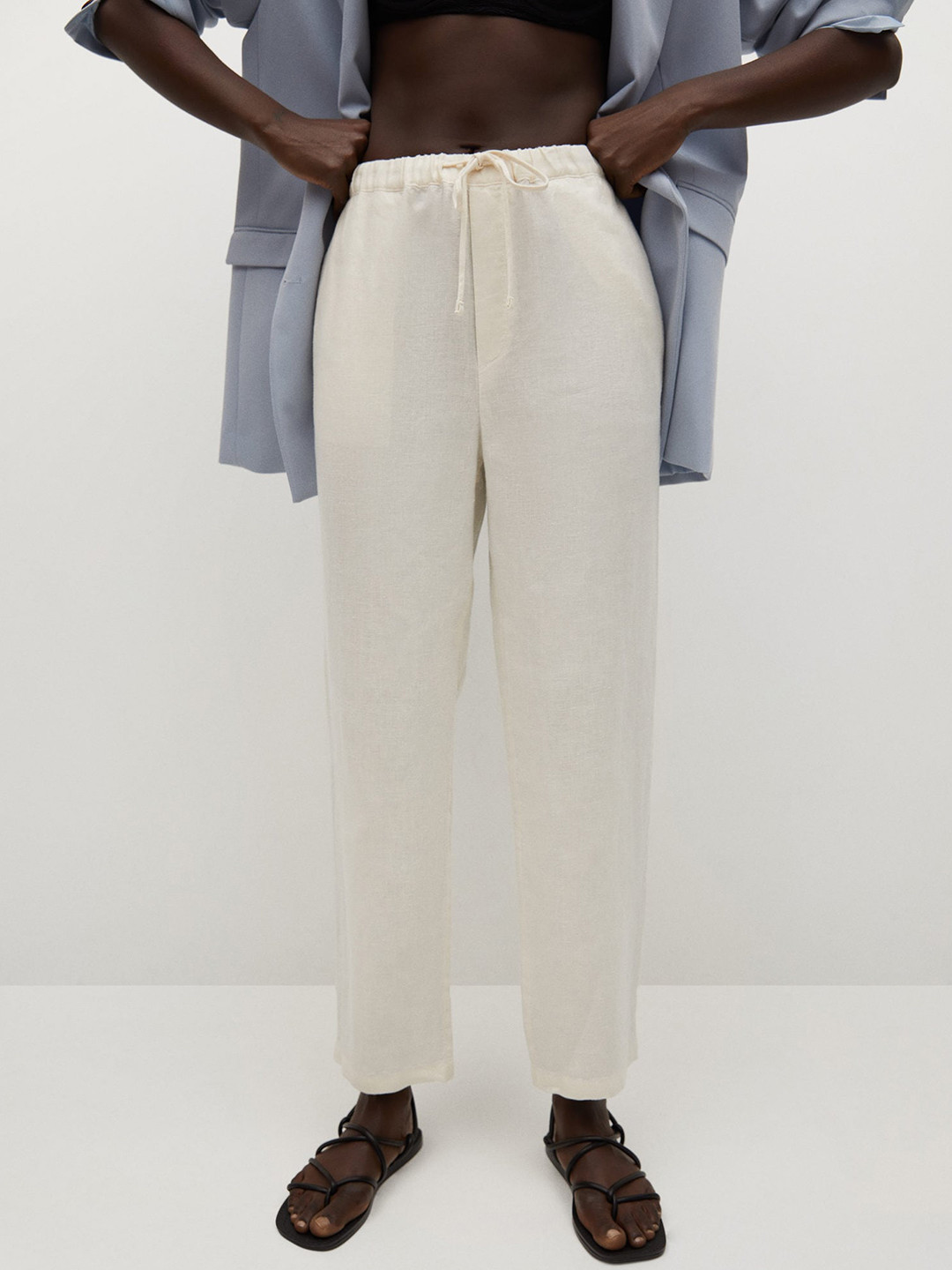 

MANGO Women White Linen Solid Pleated Trousers