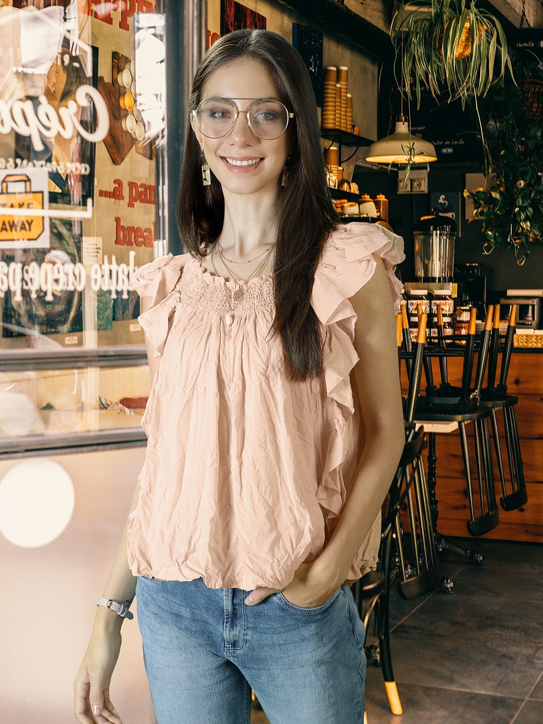 

MANGO Women Peach-Coloured Crinkled Effect Ruffled A-Line Top with Smocked Detail