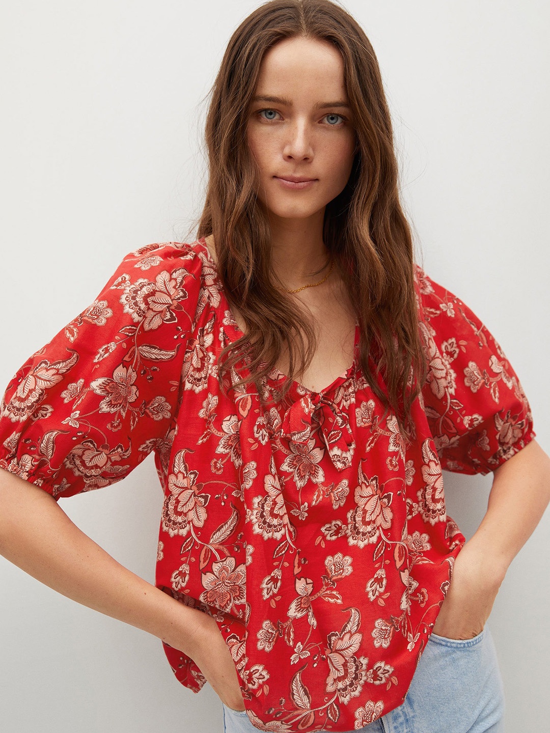 

MANGO Red & Beige Ethnic Motifs Print Tie-Up Neck Regular Top