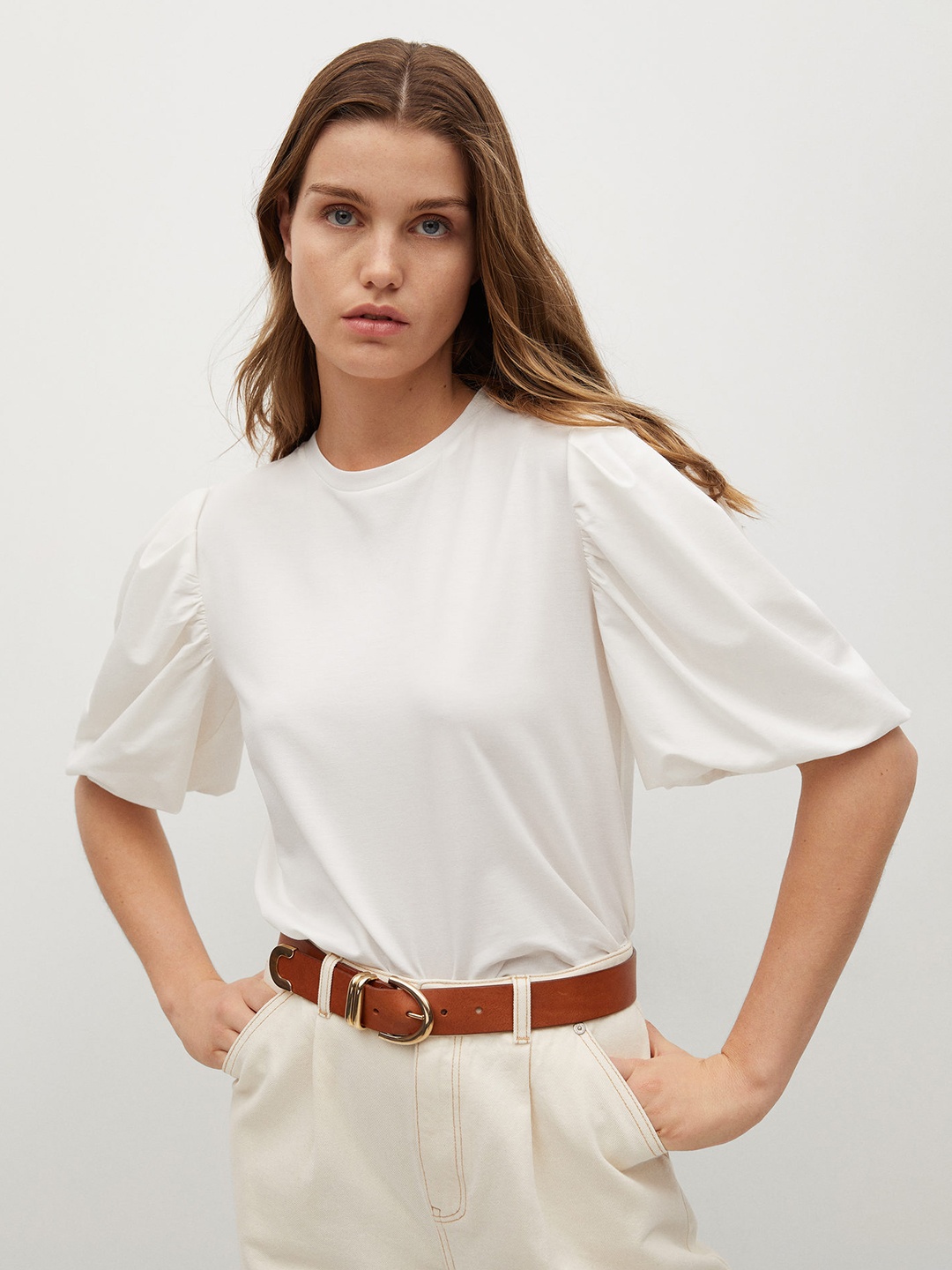 

MANGO White Solid Puff Sleeves Sustainable Regular Top