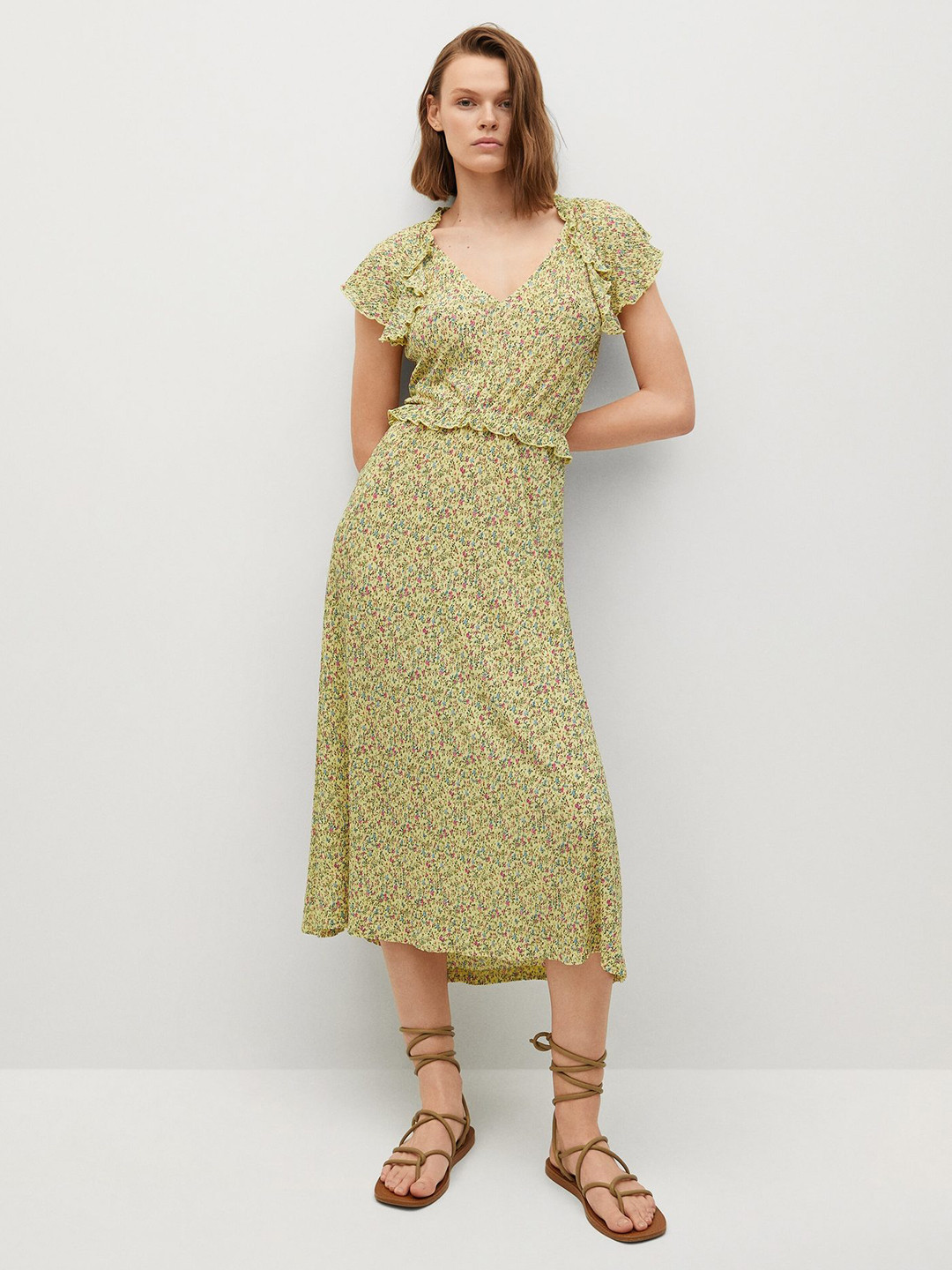 

MANGO Yellow & Green Floral Print A-Line Midi Dress