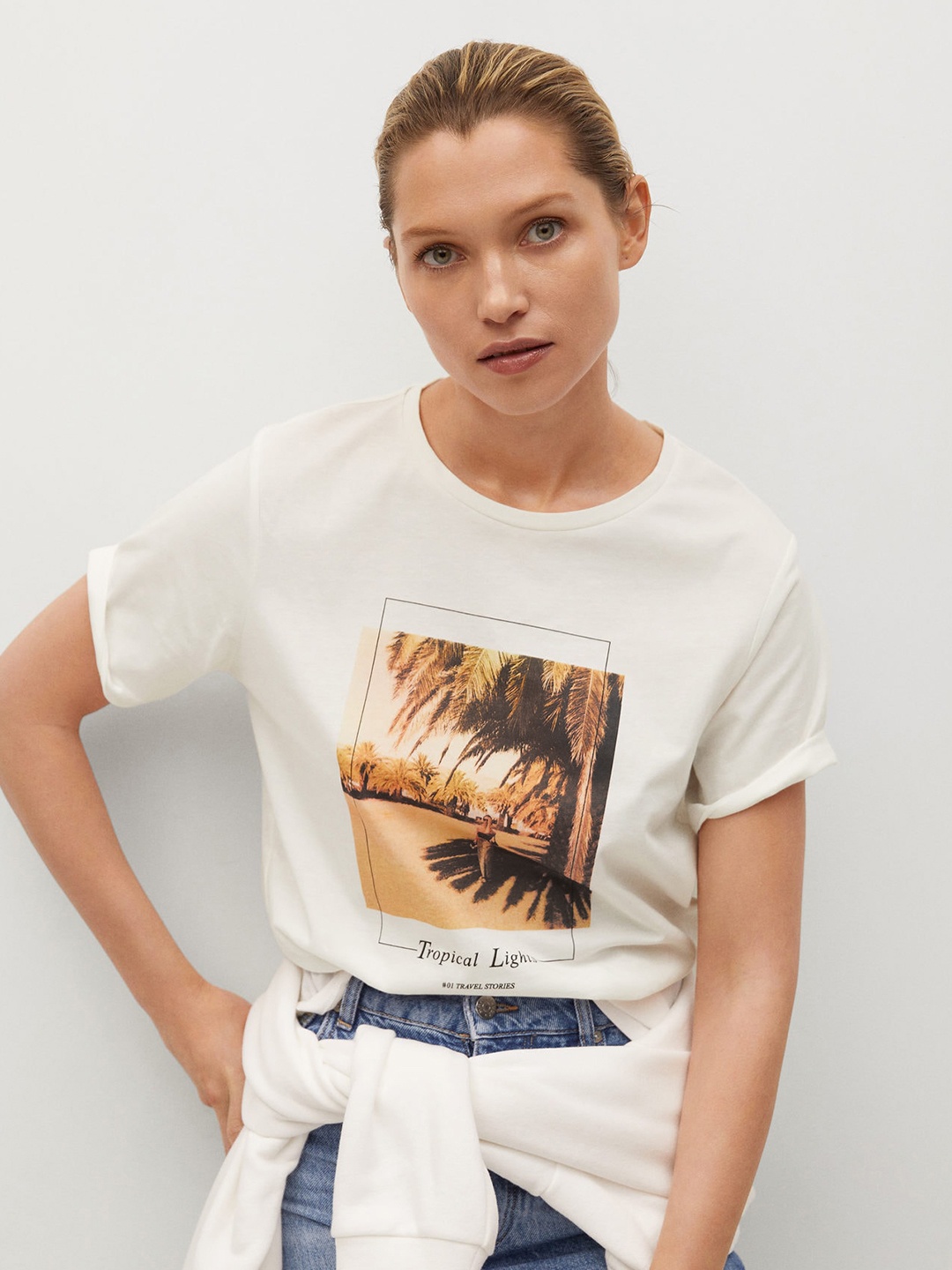 

MANGO Women White Beige Pure Cotton Printed Sustainable Pure Cotton T-shirt