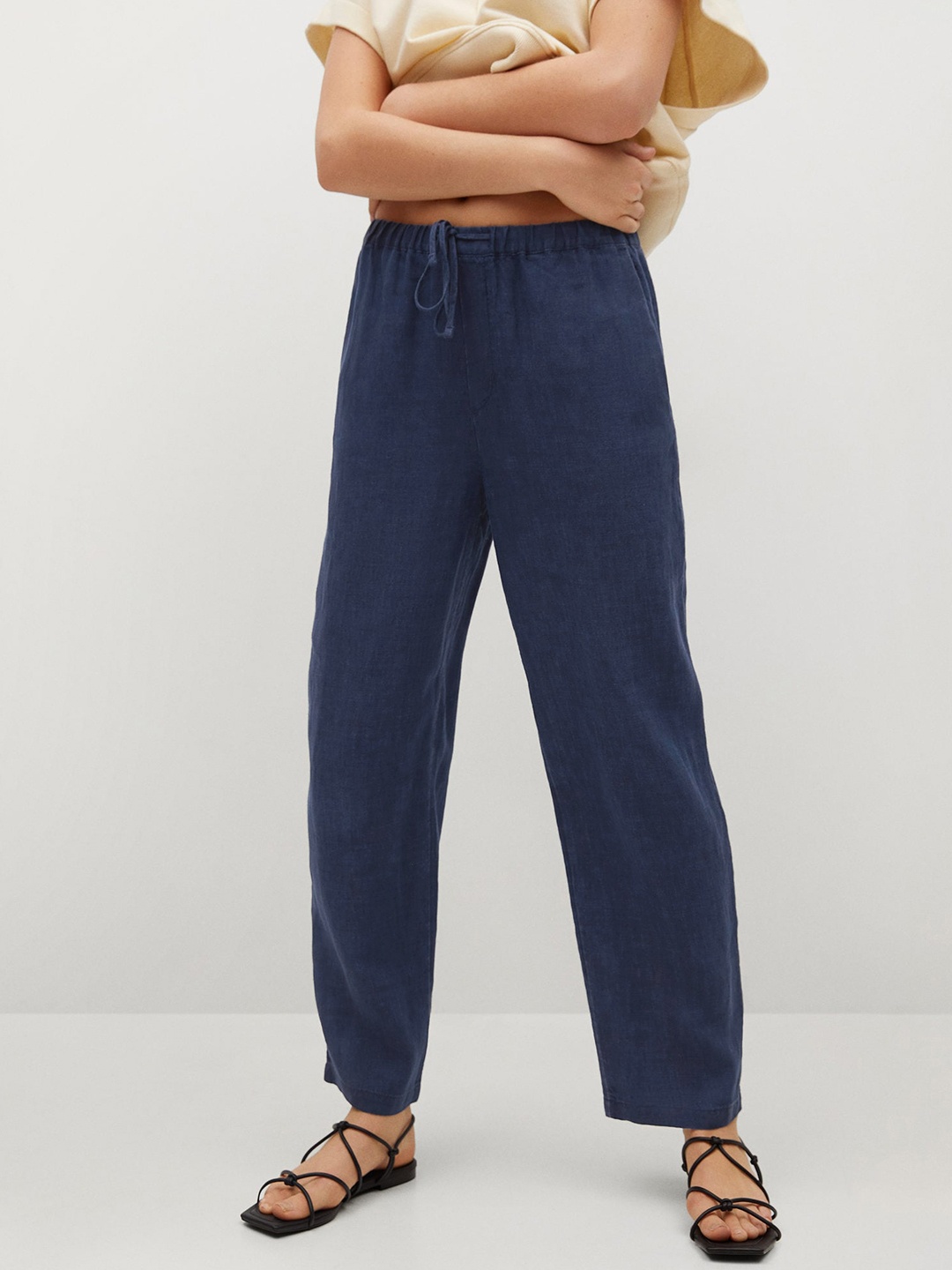 

MANGO Women Navy Blue Solid Linen Trousers