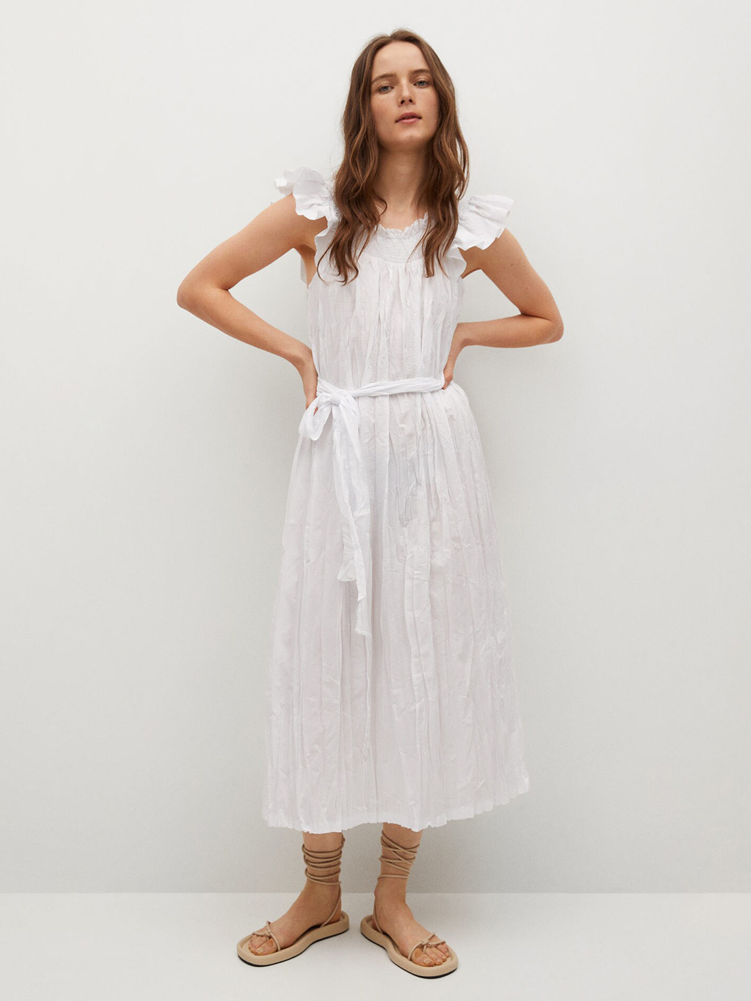 

MANGO White Solid Smocked A-Line Midi Dress