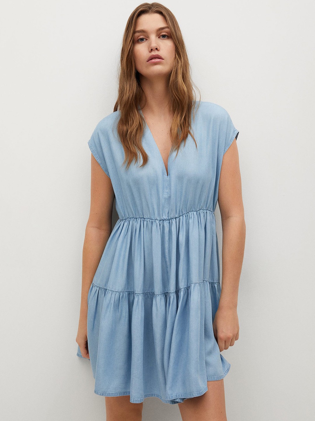 

MANGO Blue Solid Chambray Gathered Tiered A-Line Dress