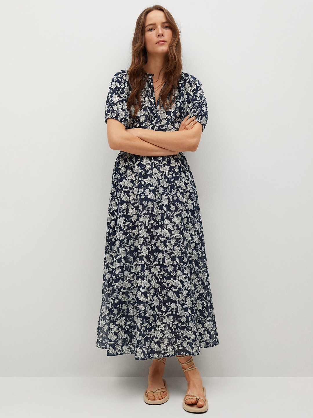 

MANGO Navy Blue & White Ethnic Motifs Cotton Keyhole Neck Gathered Maxi Dress