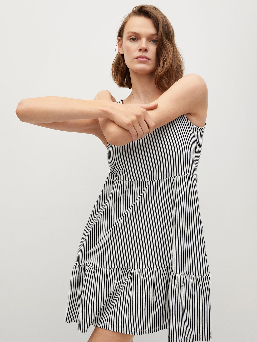 

MANGO White & Black Striped Organic Cotton Tiered A-Line Dress