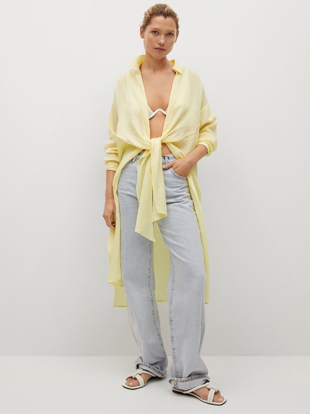 

MANGO Women Yellow Solid Longline Shrug