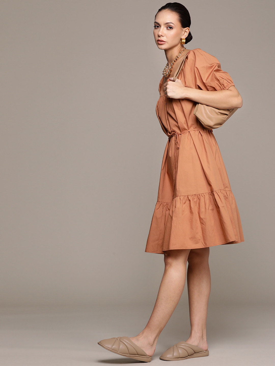 

MANGO Rust Brown A-Line Dress