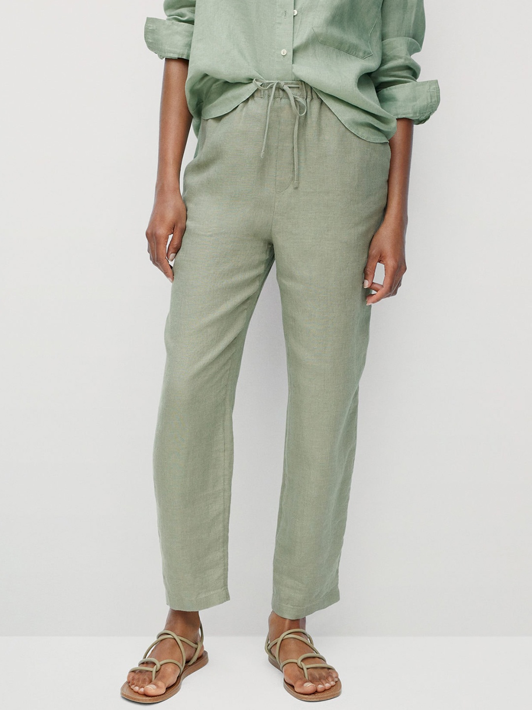 

MANGO Women Mint Green Solid Linen Trousers with Tie-up Detail