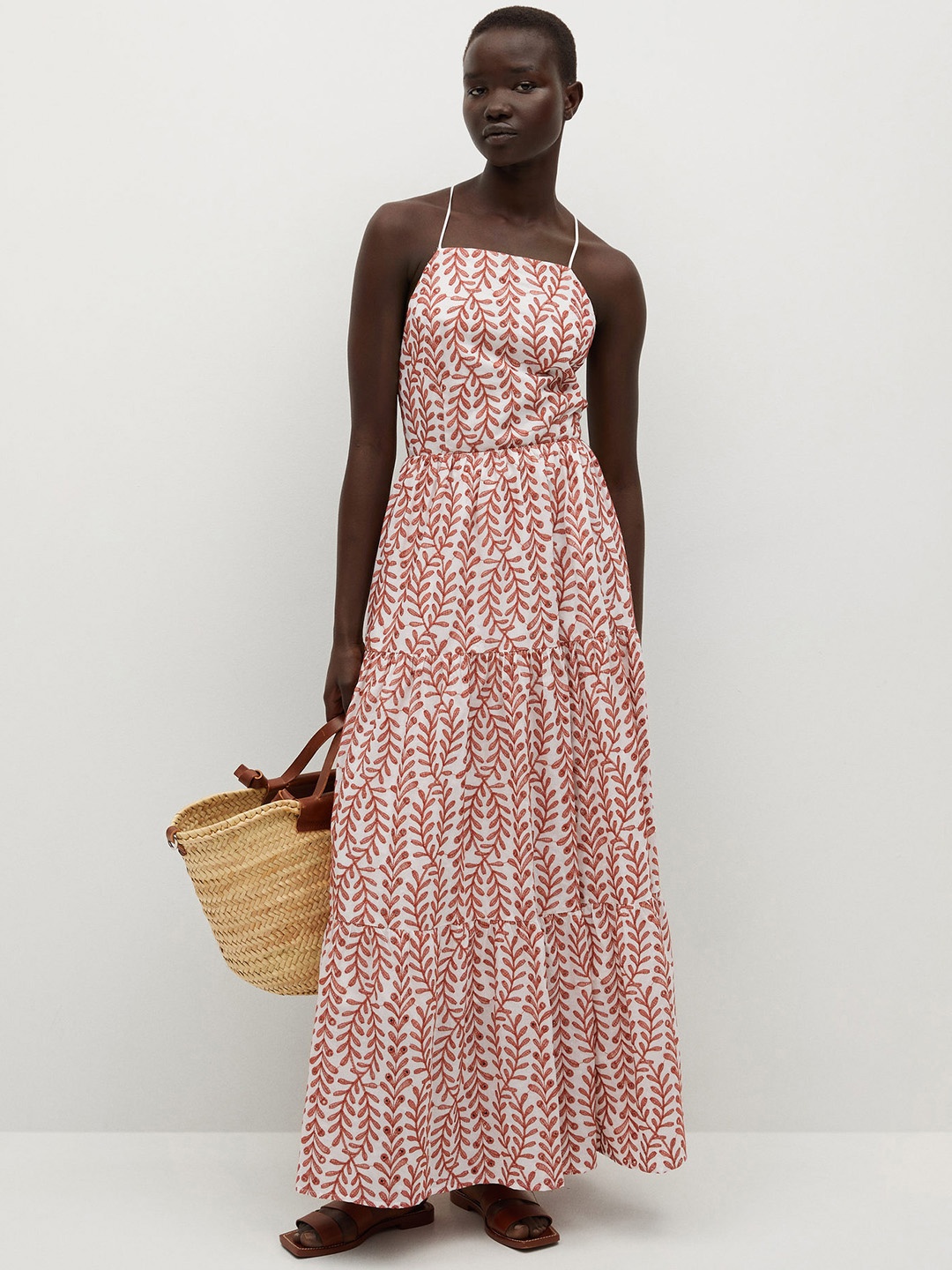 

MANGO White & Maroon Ethnic Motifs Embroidered Sustainable Maxi Dress
