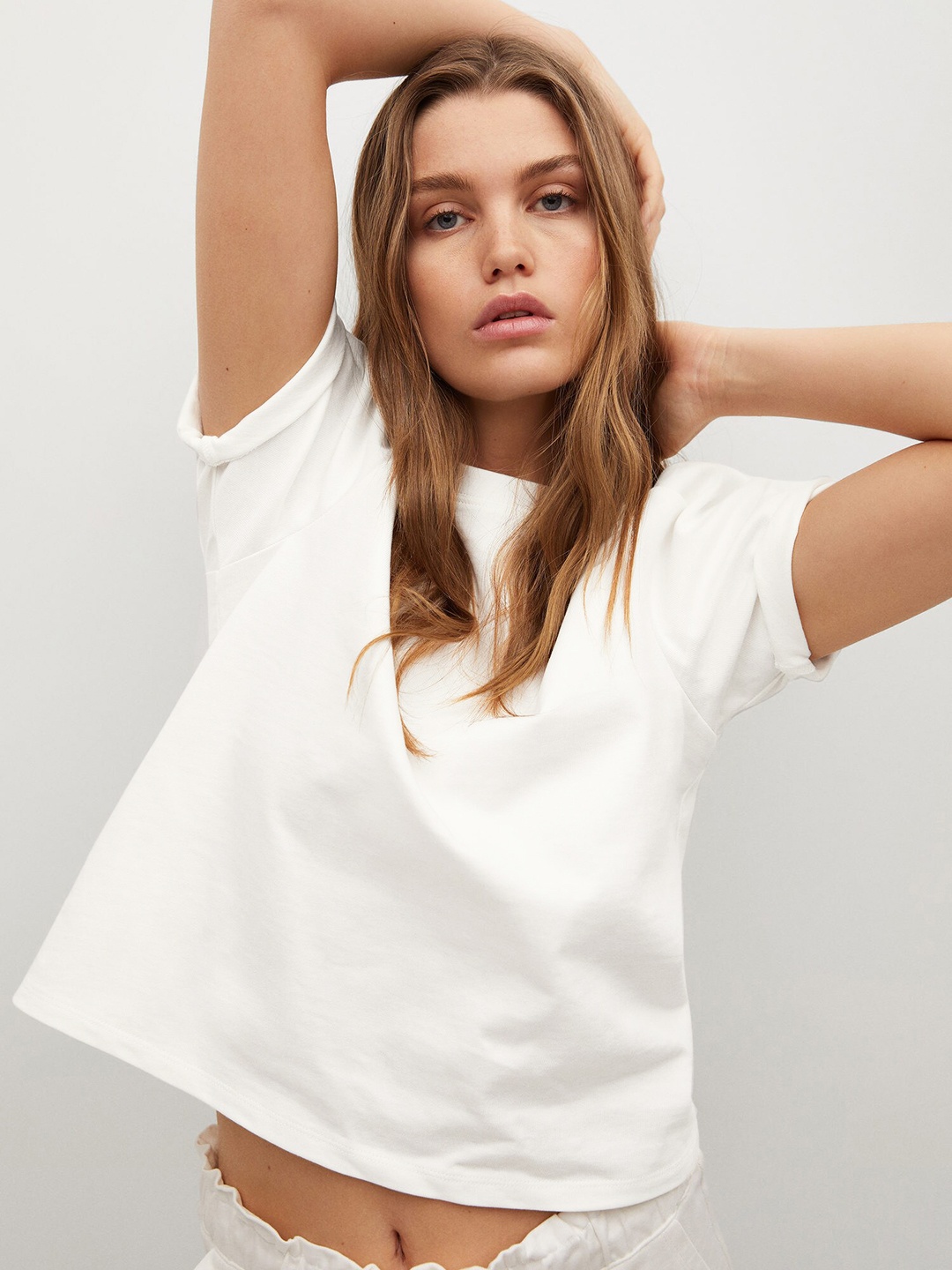 

MANGO White Puff Sleeves Solid Pure Cotton Regular Top
