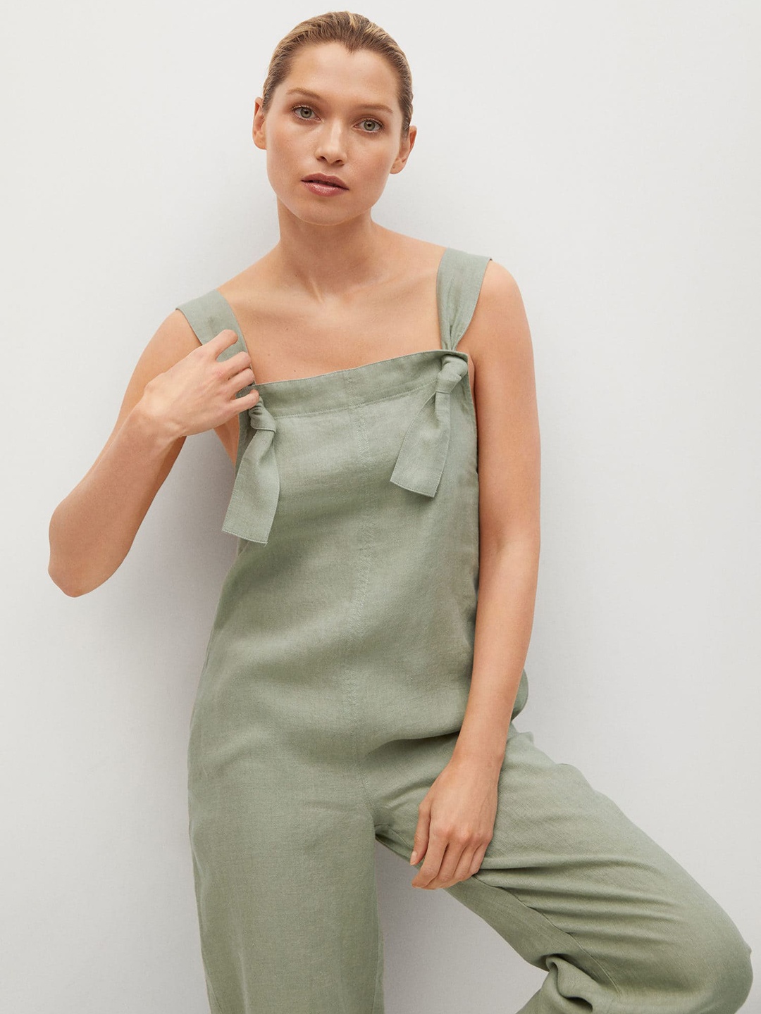 

MANGO Olive Green Solid Pure Linen Basic Jumpsuit