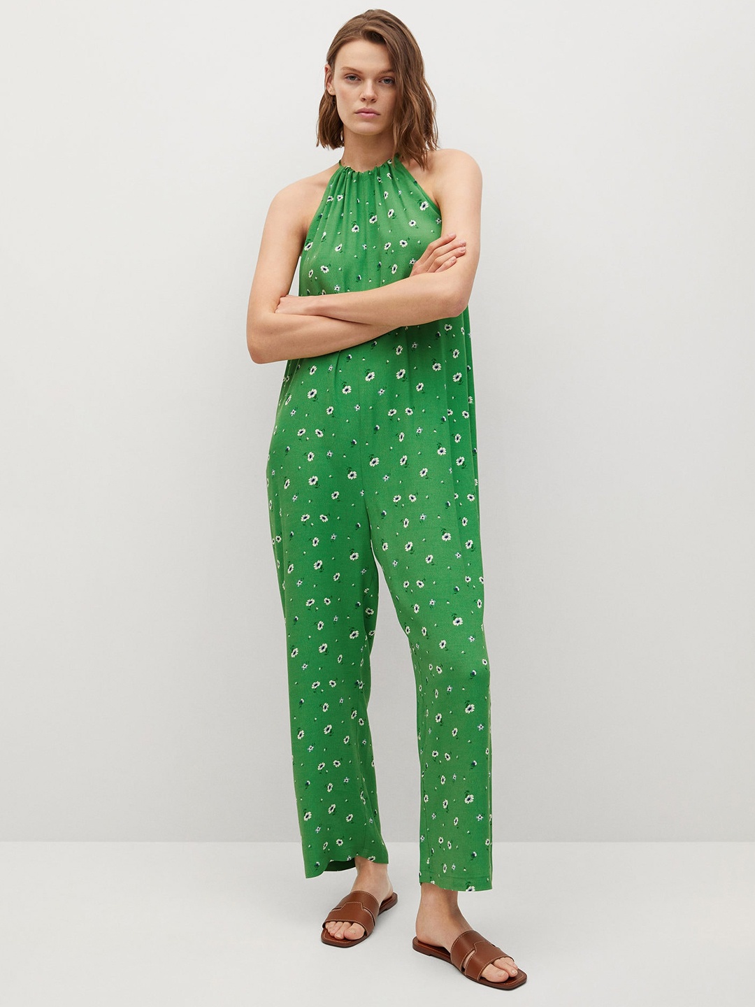 

MANGO Green & White Halter Neck Floral Printed Basic Jumpsuit