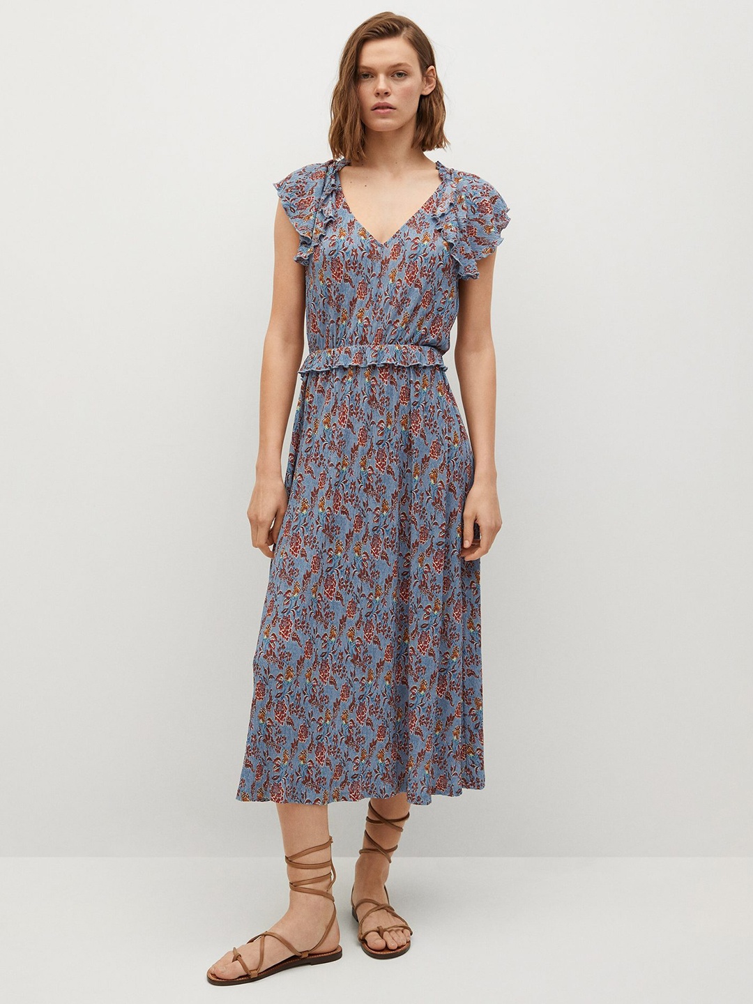 

MANGO Blue & Rust Orange Floral Print A-Line Midi Dress