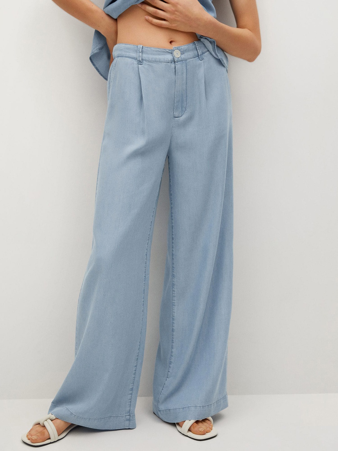 

MANGO Women Blue Chambray Pleated Parallel Trousers