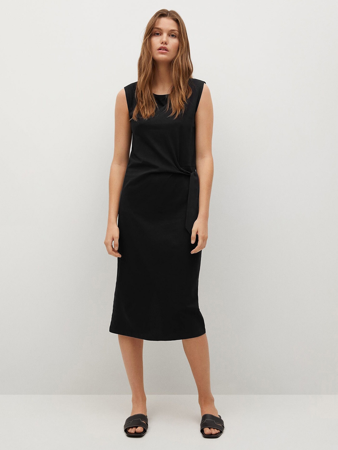 

MANGO Black Solid Organic Cotton Sheath Midi Dress