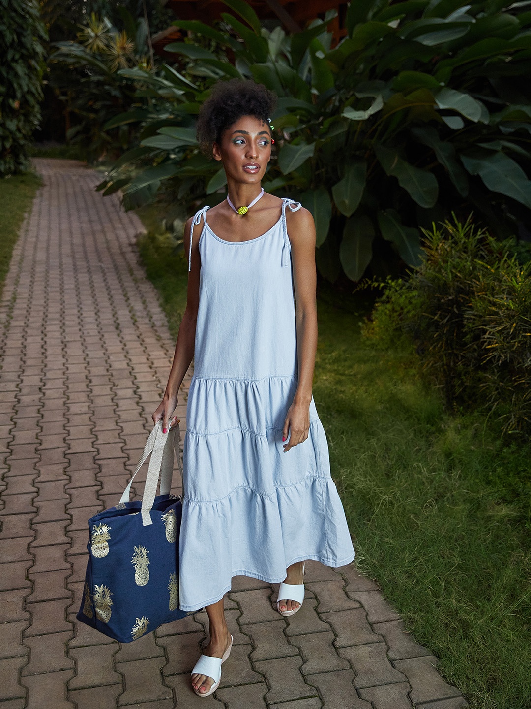

MANGO Women Blue Solid Tiered Maxi A-Line Dress