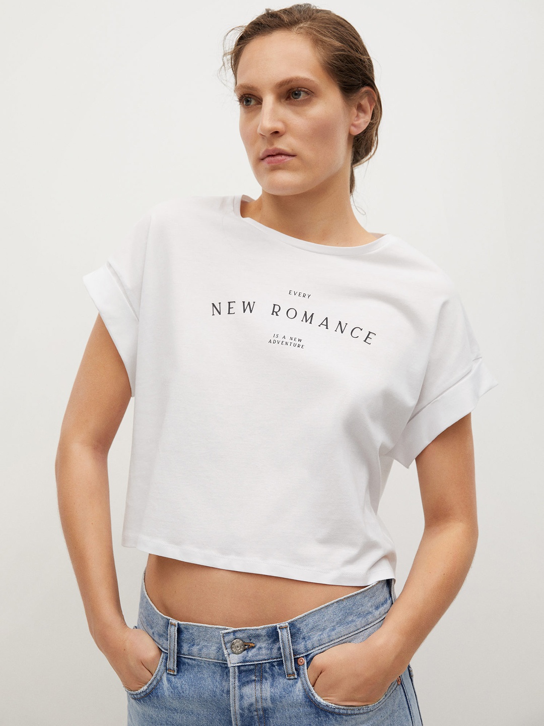 

MANGO Women White Cotton Typography Printed T-shirt