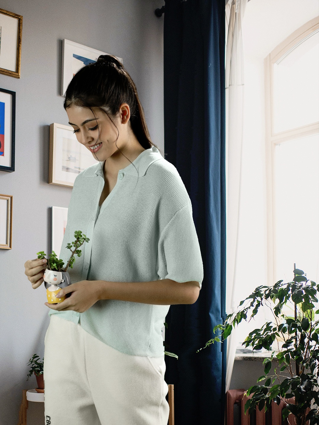 

MANGO Women Sea Green Self Designed Casual Shirt