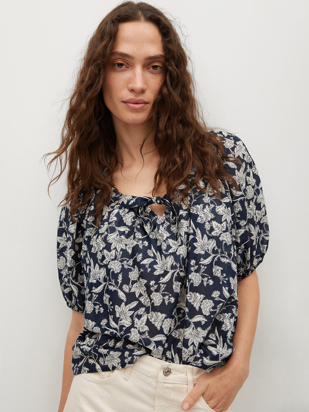 

MANGO Navy Blue & White Floral Print Pure Cotton Tie-Up Neck Sustainable Top