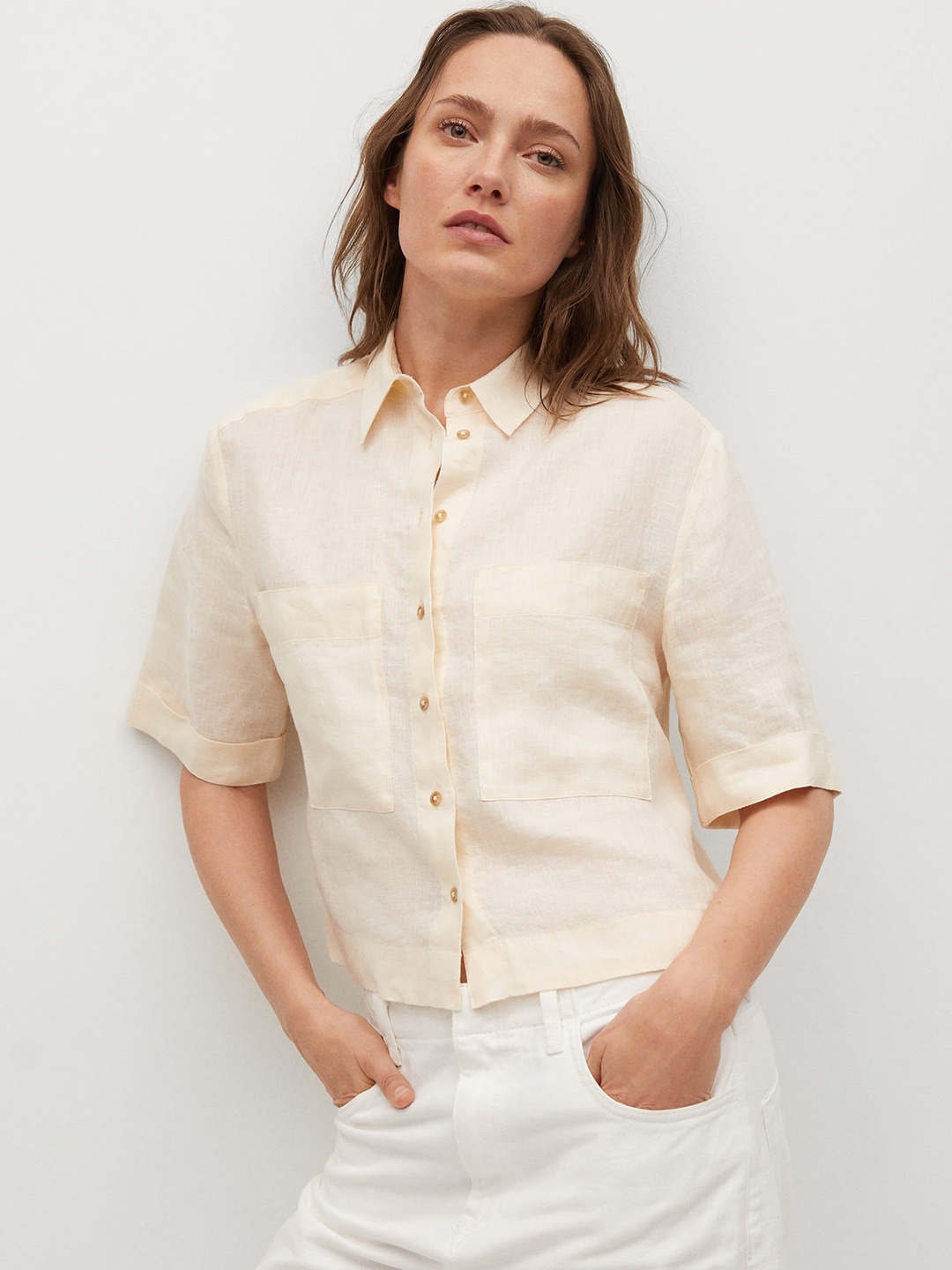 

MANGO Women Cream Coloured Solid Pocket Linen Casual Shirt