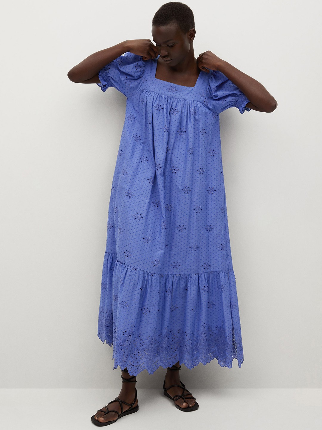 

MANGO Blue Schiffli Embroidered Pure Cotton Maxi Dress