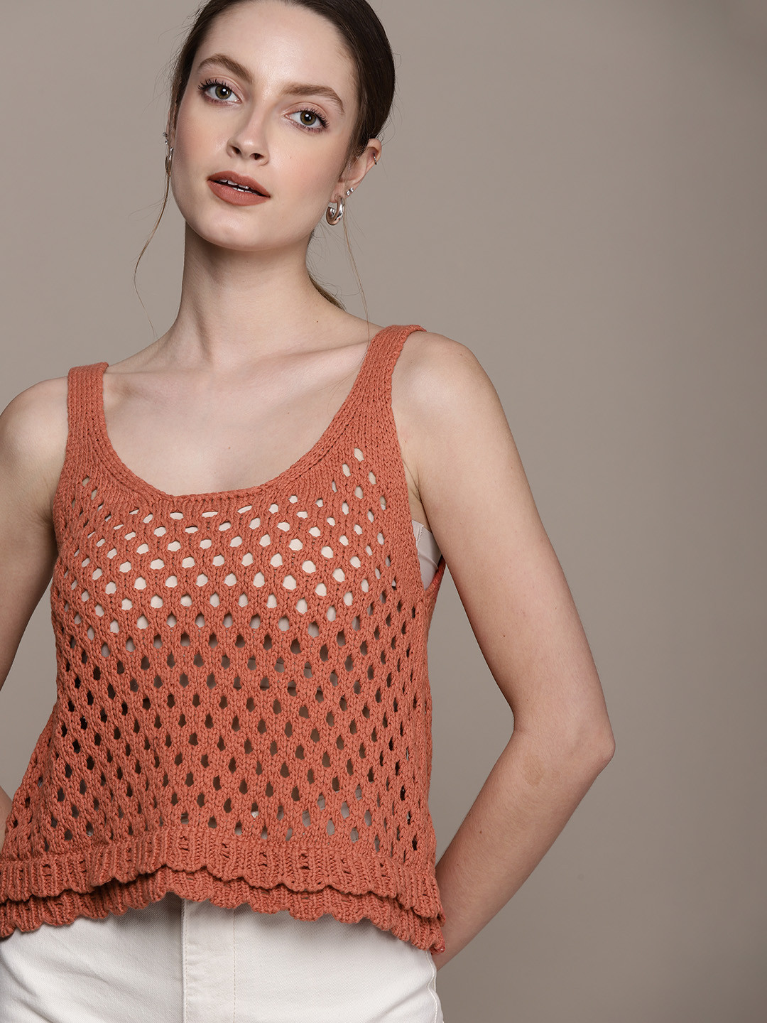 

MANGO Rust Red Cotton Open Knit Crochet Top