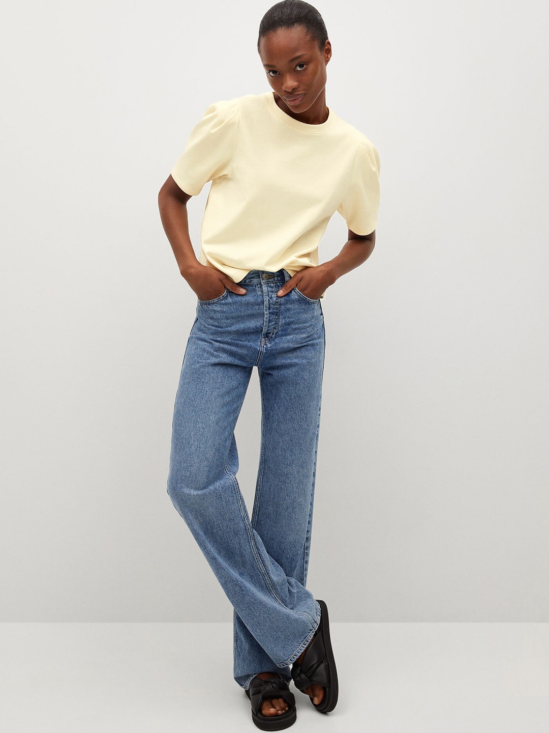 

MANGO Yellow Pure Cotton Solid Puff Sleeves Top