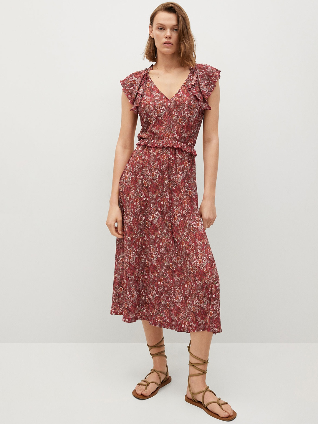 

MANGO Pink & White Floral Printed A-Line Midi Dress