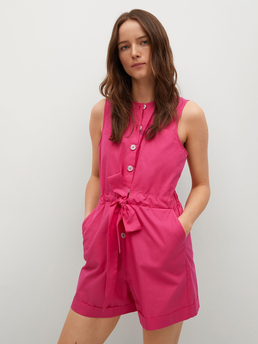 

MANGO Fuchsia Solid Cotton Playsuit