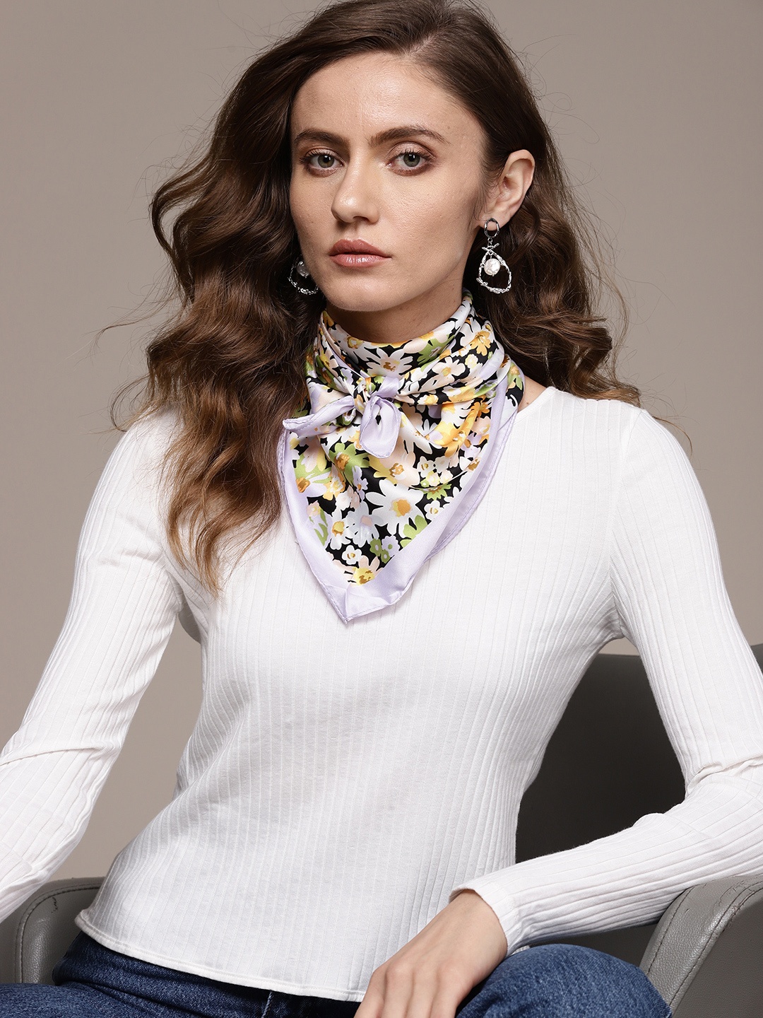 

MANGO Women Lavender & Mustard Yellow Floral Print Scarf