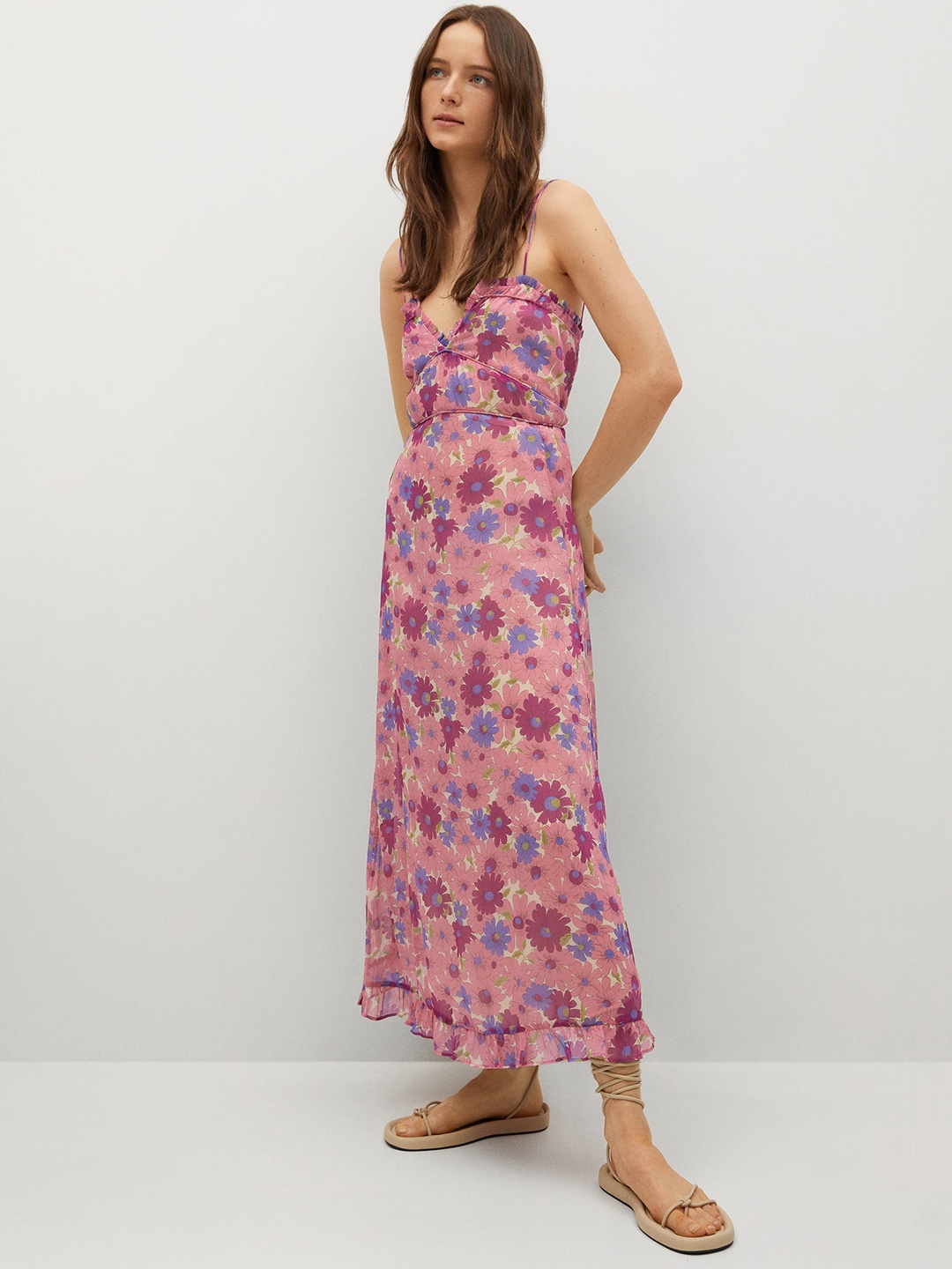 

MANGO Pink & Yellow Floral Print Maxi Dress