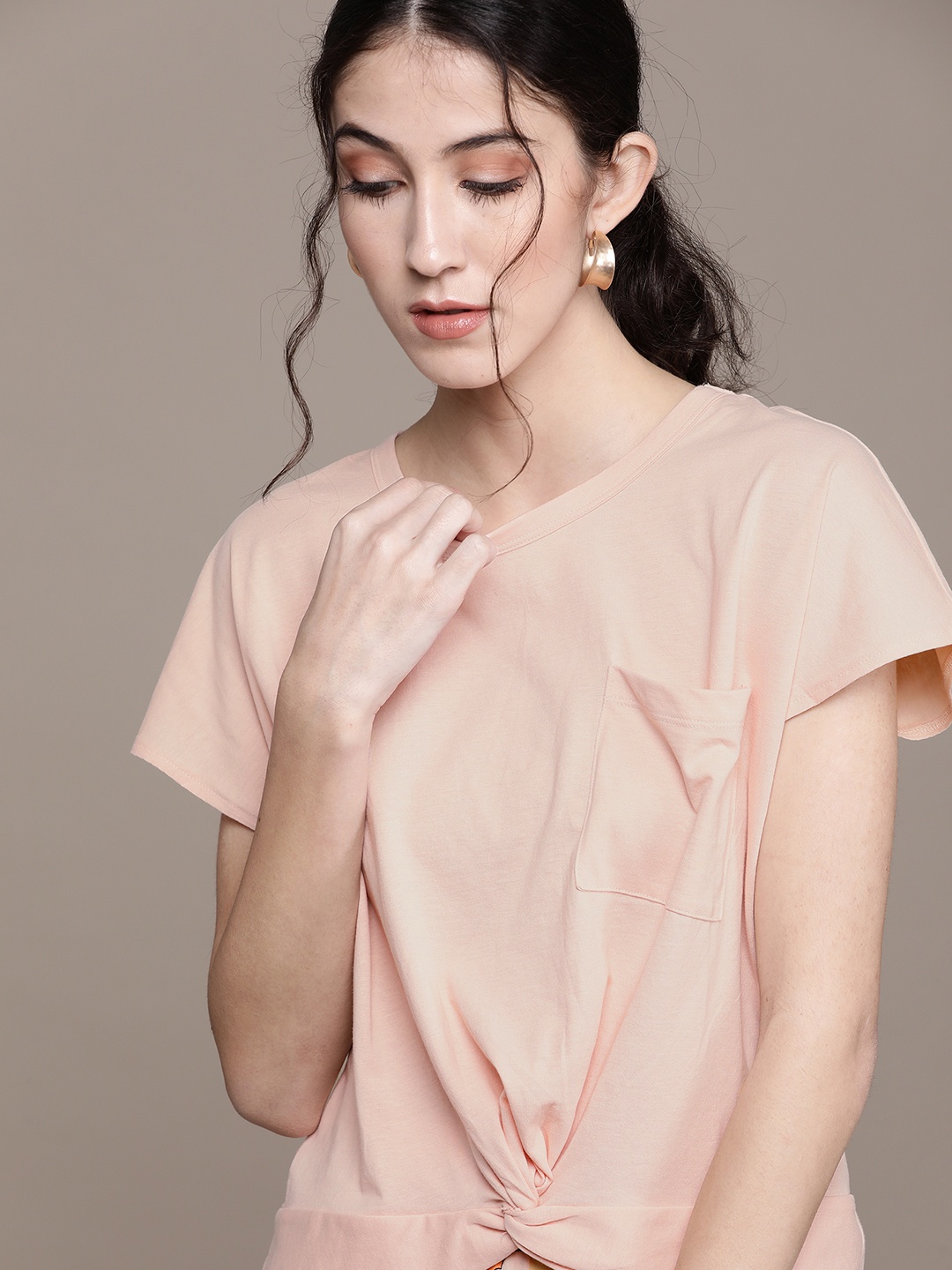 

MANGO Peach-Coloured Solid Pure Cotton Extended Sleeves Twisted Regular Top
