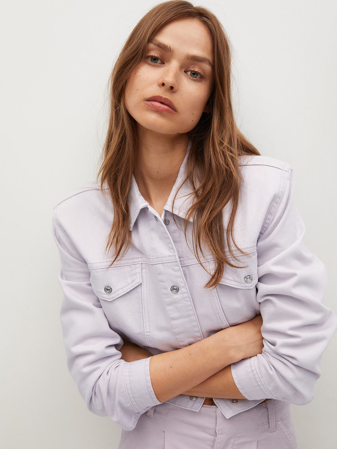 

MANGO Women Lavender Solid Cotton Denim Jacket