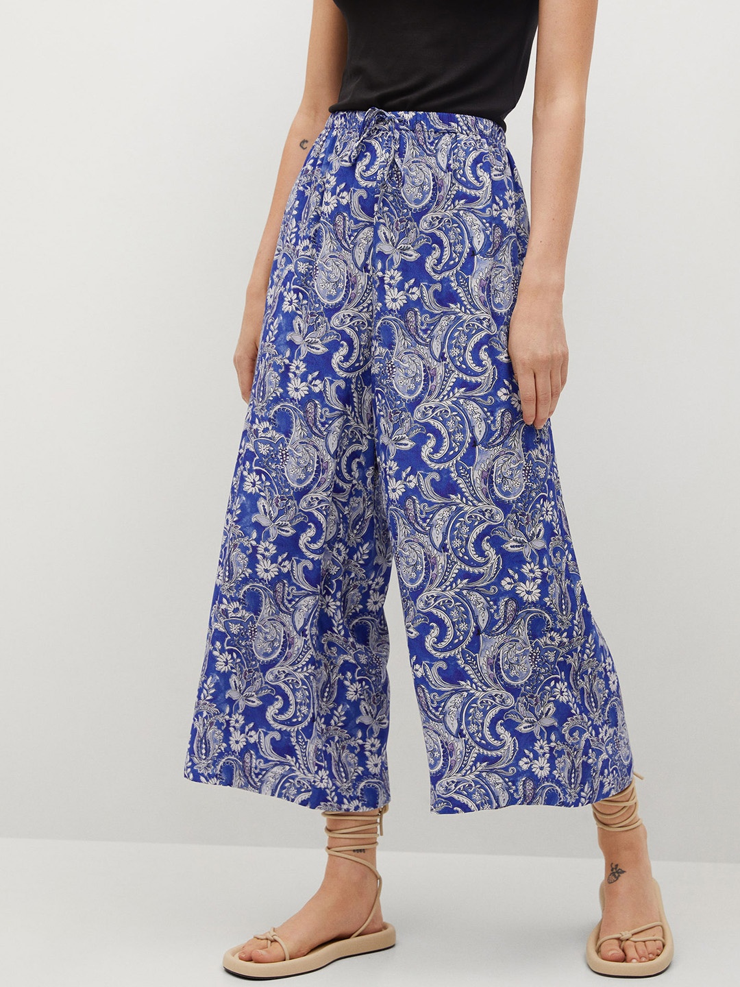 

MANGO Women Blue & Off-White Sustainable Viscose Ethnic Printed Parallel Trousers