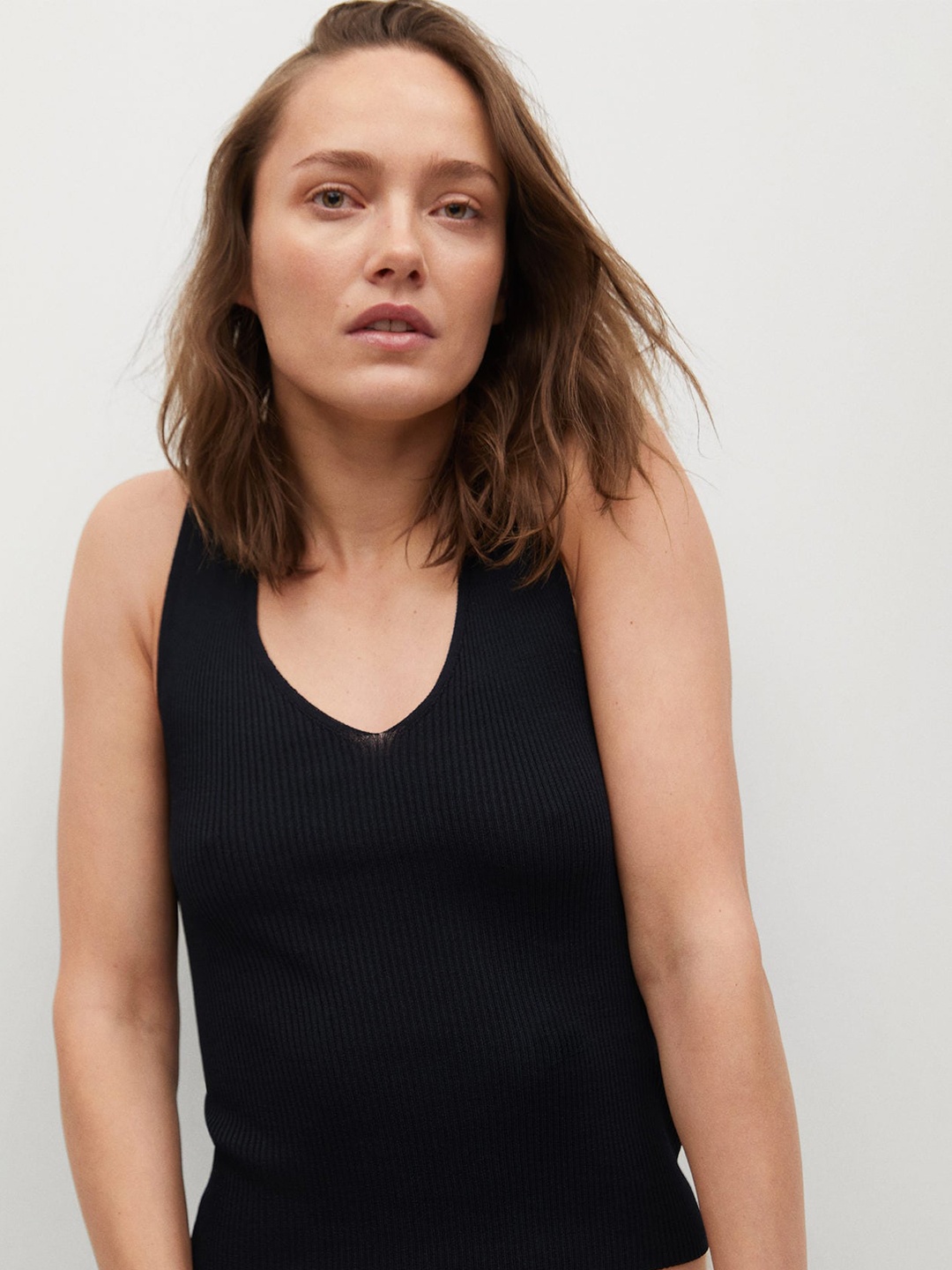 

MANGO Black Solid Styled Back Top