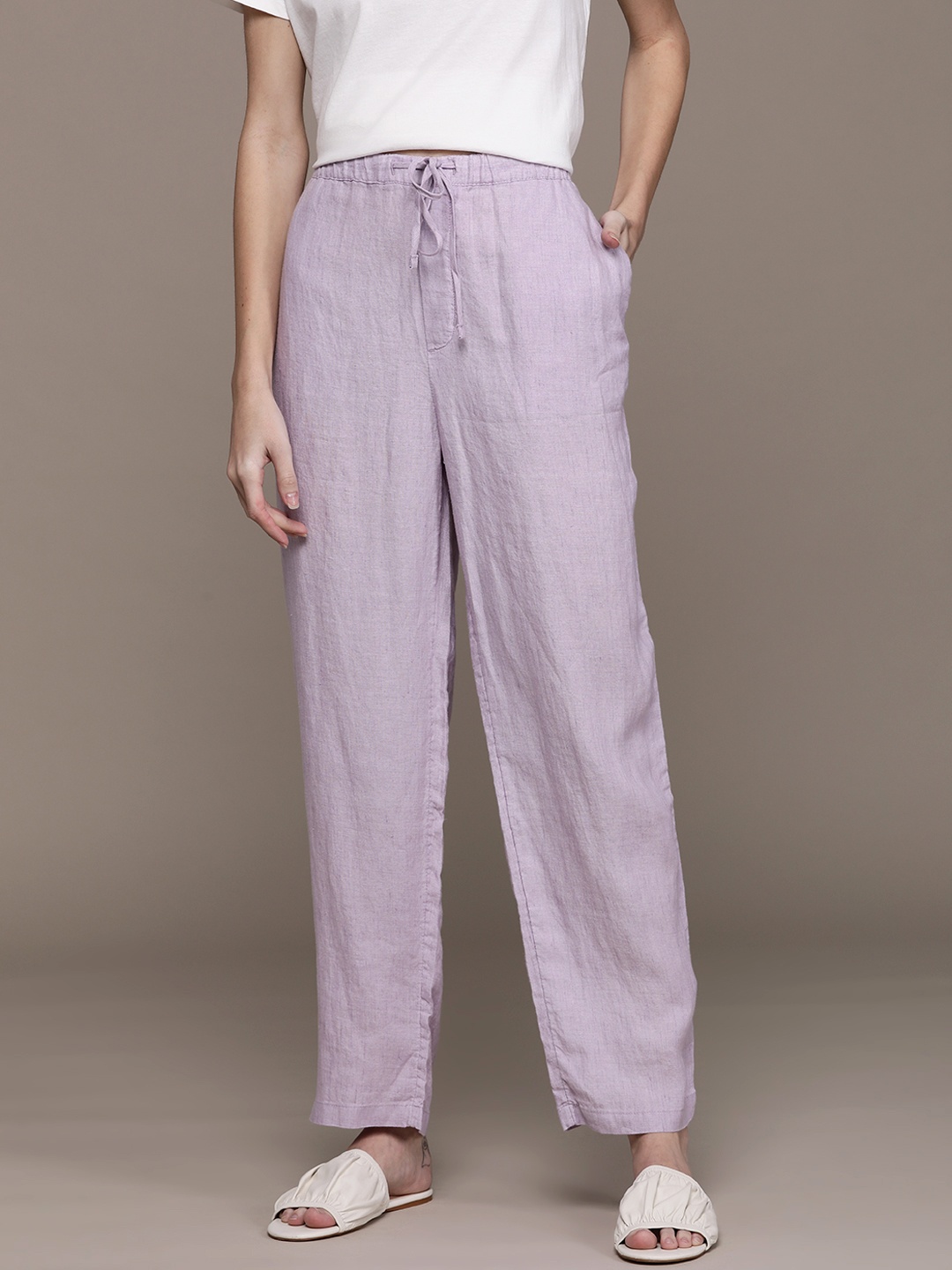 

MANGO Women Lavender Sustainable Linen Trousers