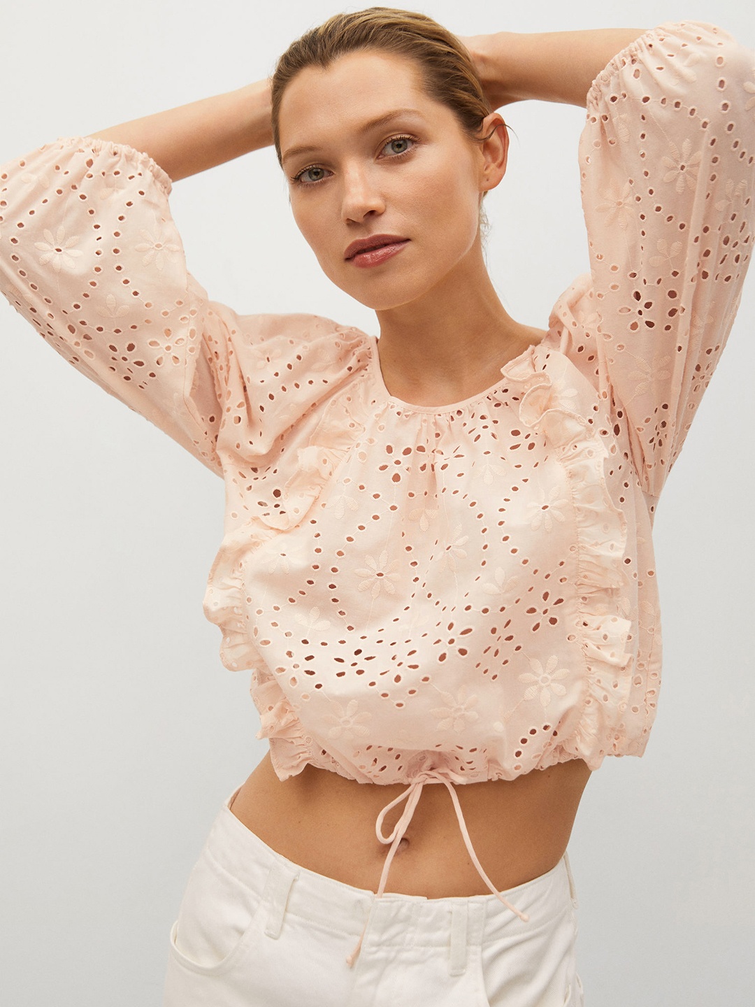 

MANGO Peach-Coloured Schiffli Embroidery Pure Cotton Blouson Crop Sustainable Top