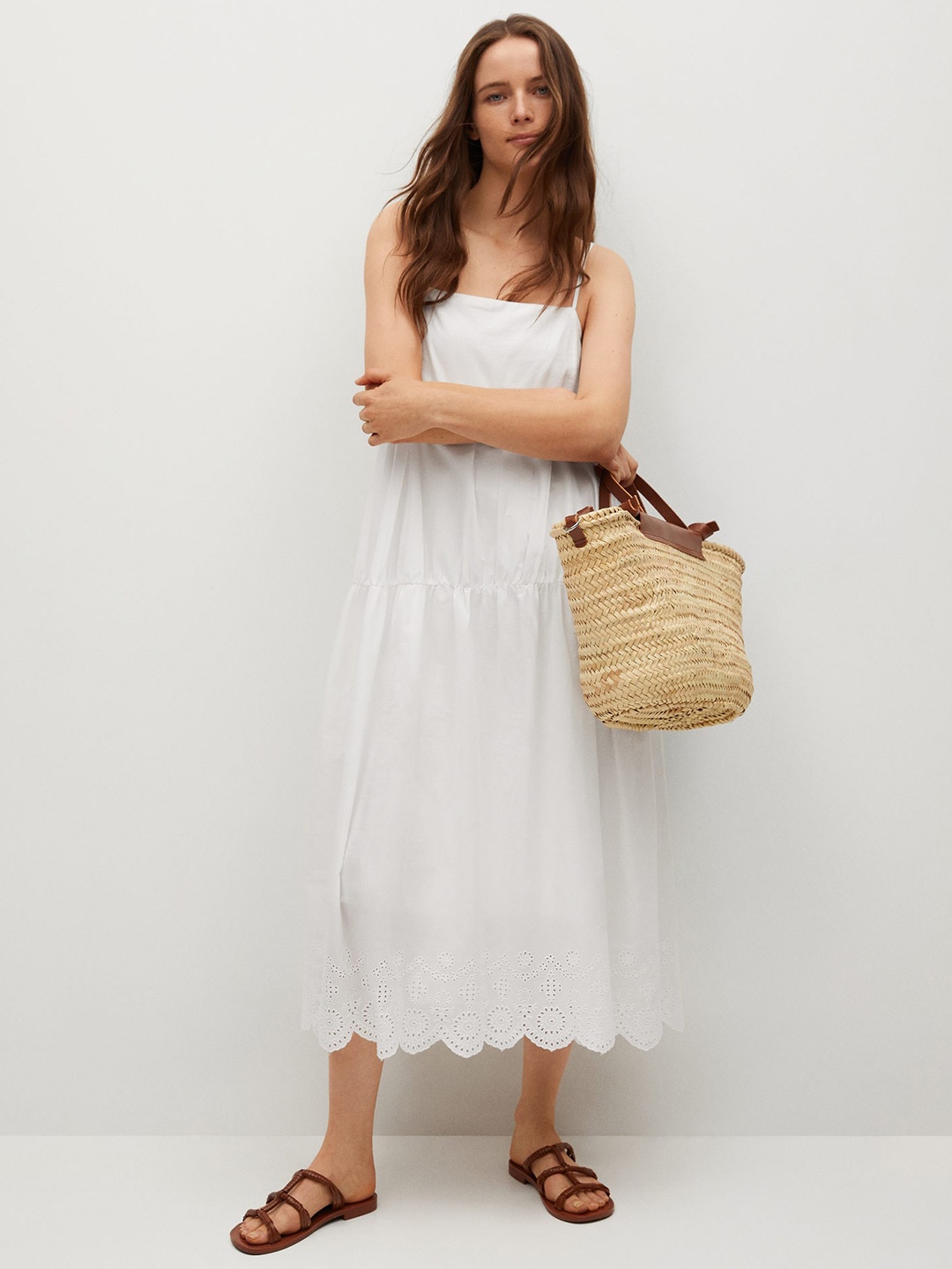 

MANGO White Pure Cotton Solid A-Line Midi Dress
