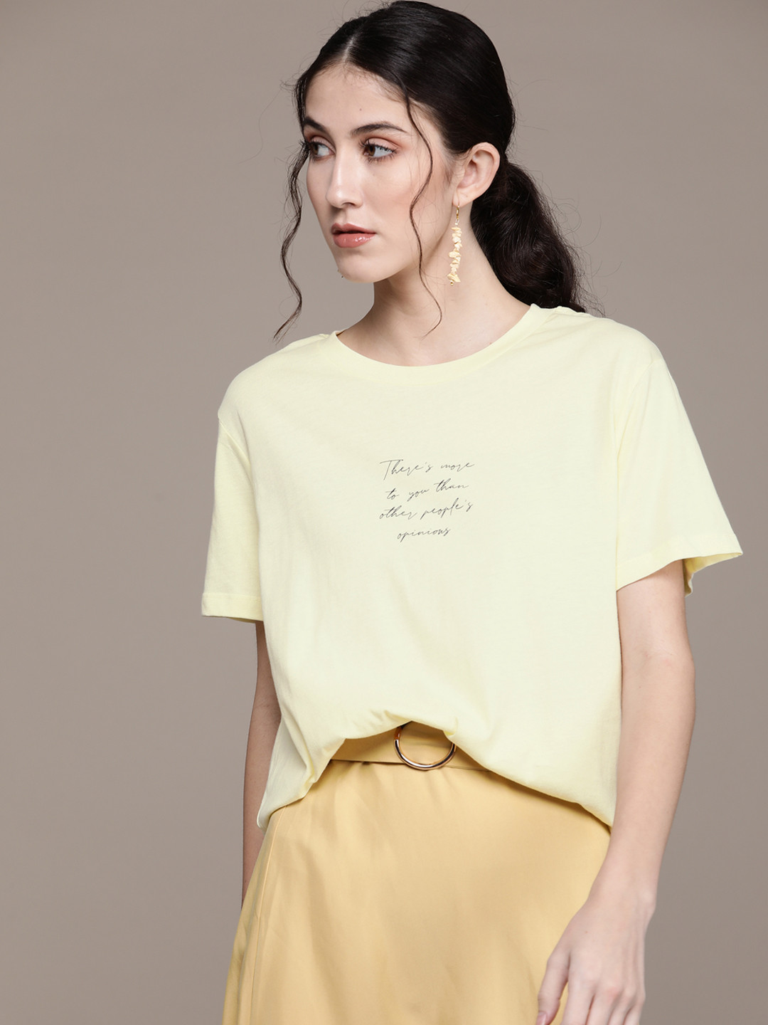 

MANGO Women Yellow Black Typography Printed Pure Cotton Sustainable Pure Cotton T-shirt