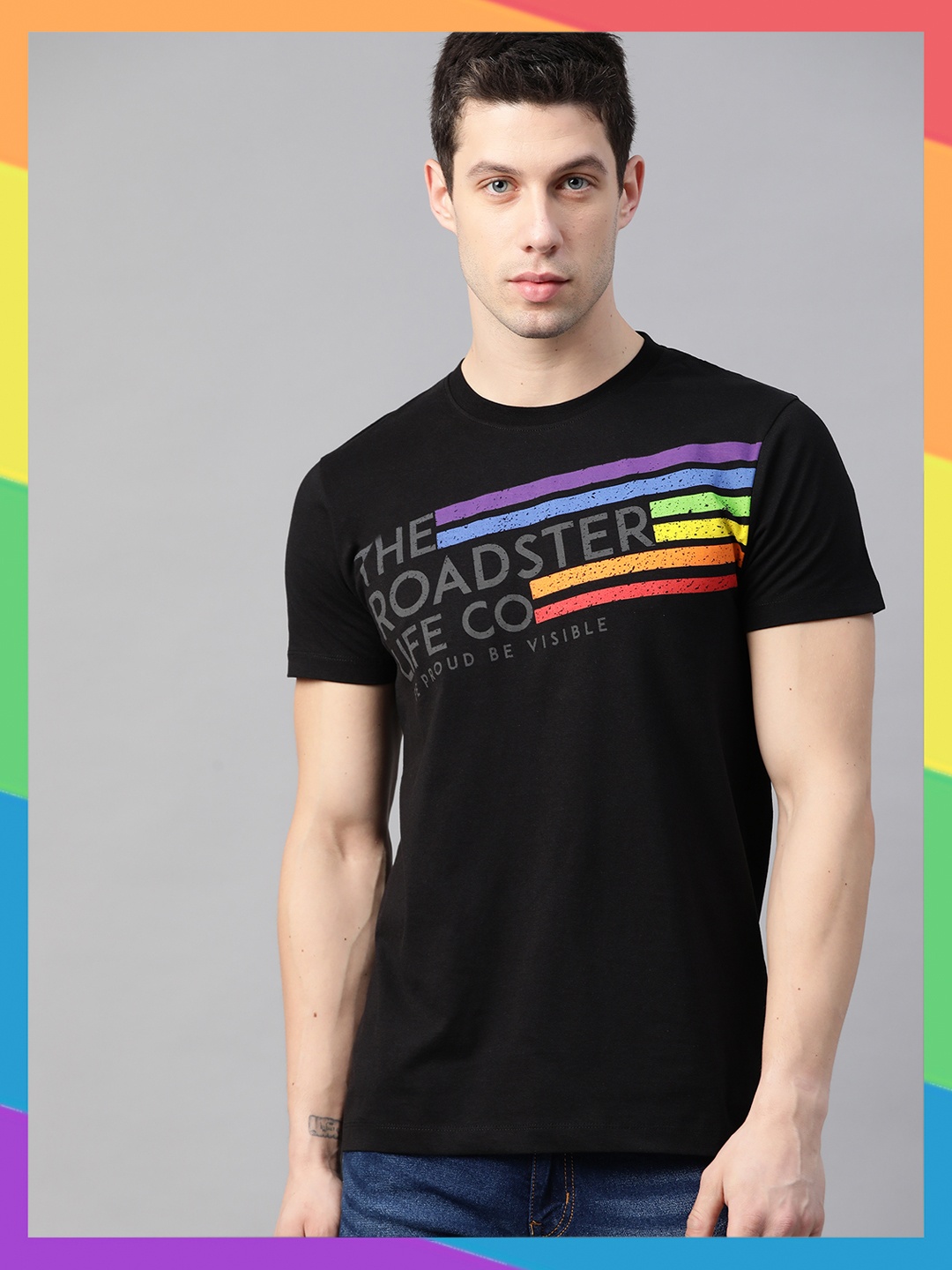 

Roadster Unisex Pride Black & Grey Pure Cotton Striped T-shirt