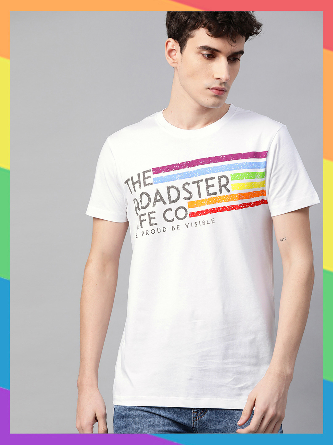 

Roadster Unisex Pride White Brand Logo Printed Cotton T-shirt