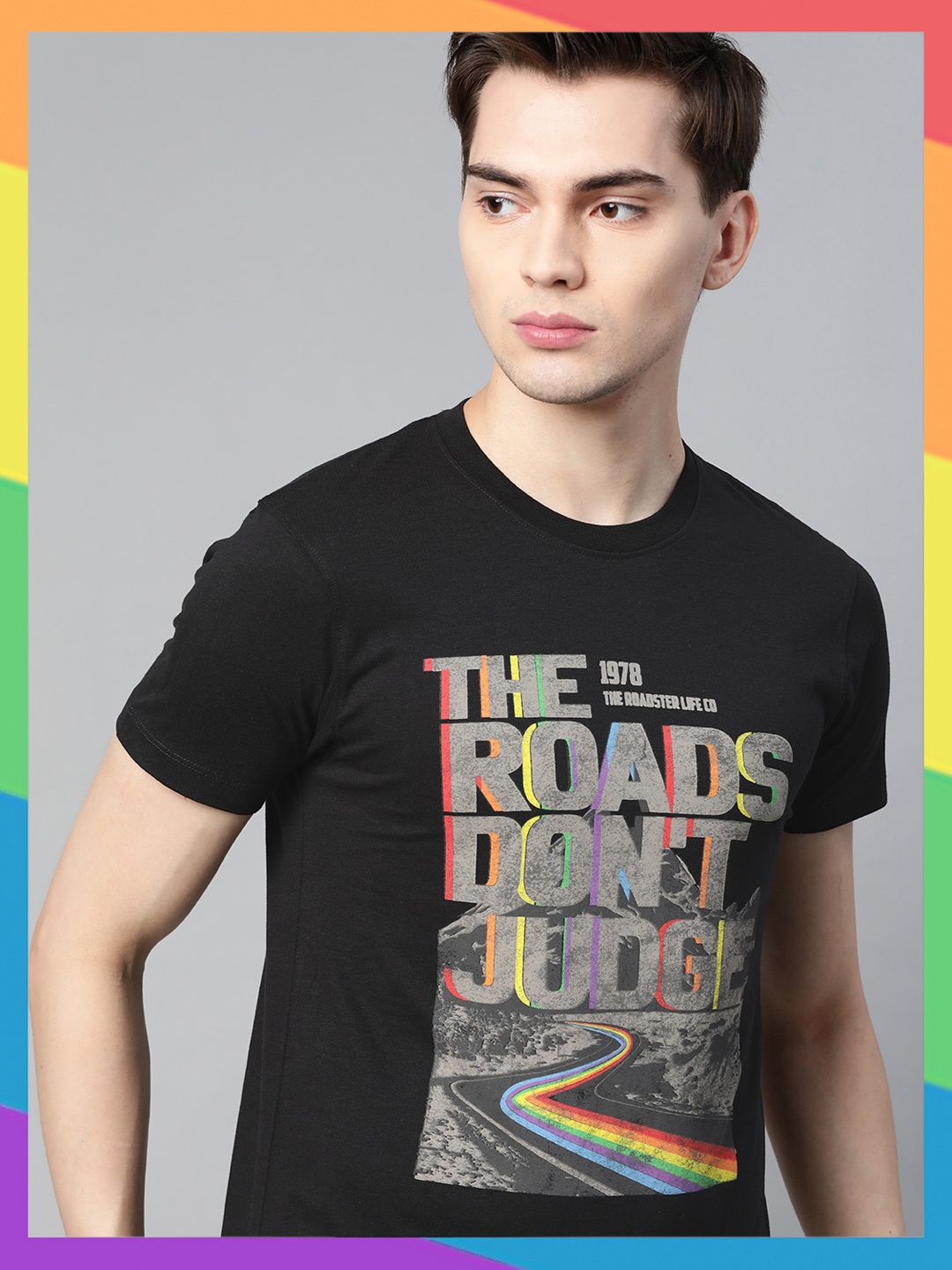 

Roadster Unisex Pride Black & Grey Graphic Print Round Neck T-shirt