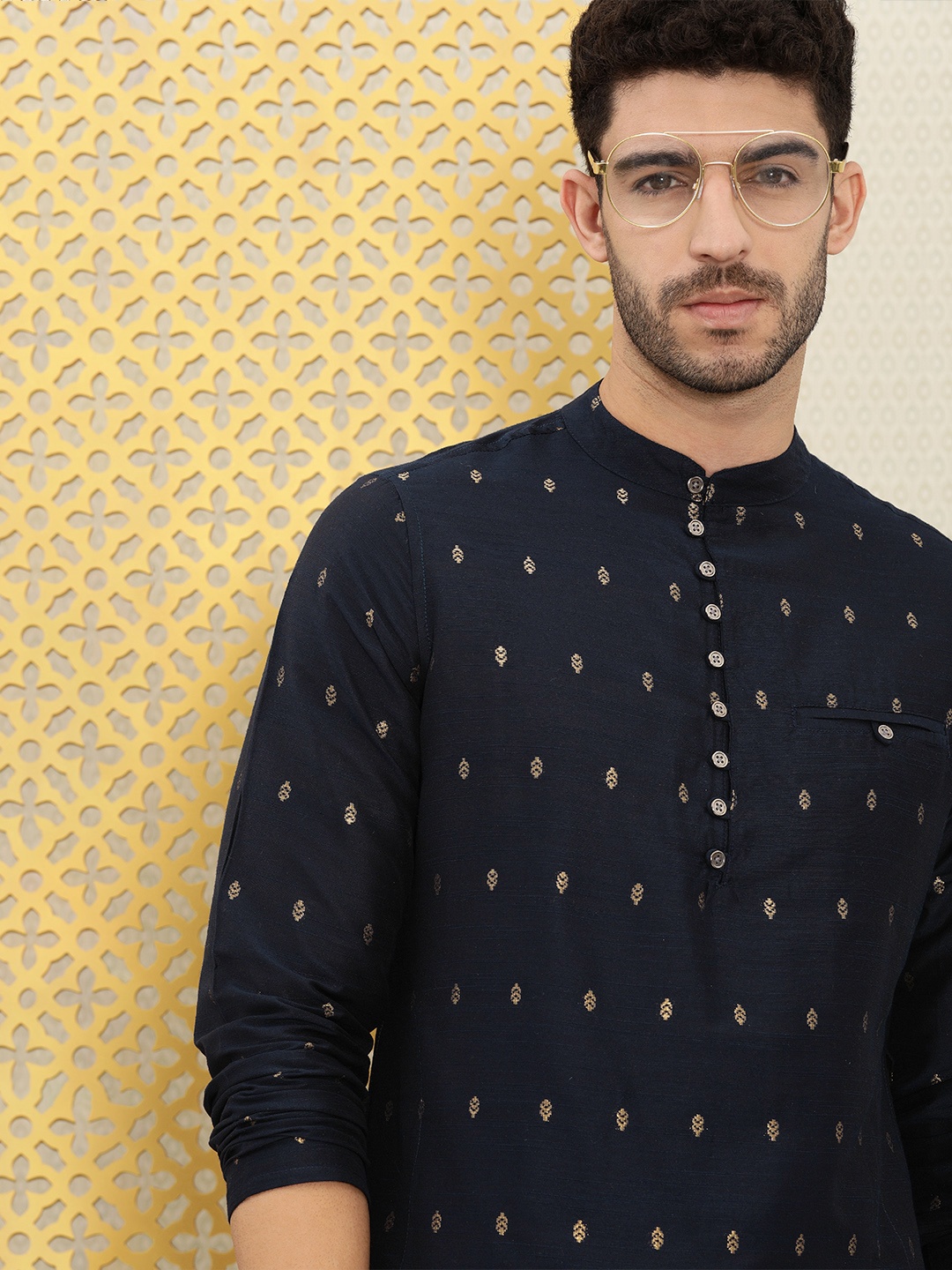 

Ode by House of Pataudi Men Navy Blue & Golden Woven Design Jashn Asymmetric Kurta